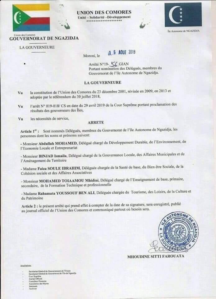 image Nomination des membres du Gouvernorat de l'ile de Ngazidja,  Sitti Farouata nomme enfin ses 5 délégués